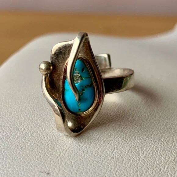 VINTAGE LARGE TURQUOISE RING 14K GOLD 925 STERLING SILVER MEXICO